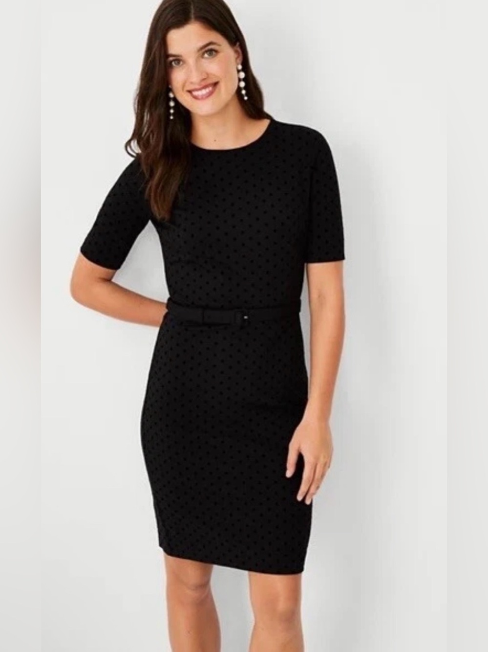 NWOT Ann Taylor Velvet Dot Sheath Dress Black Sz 4 Belted.